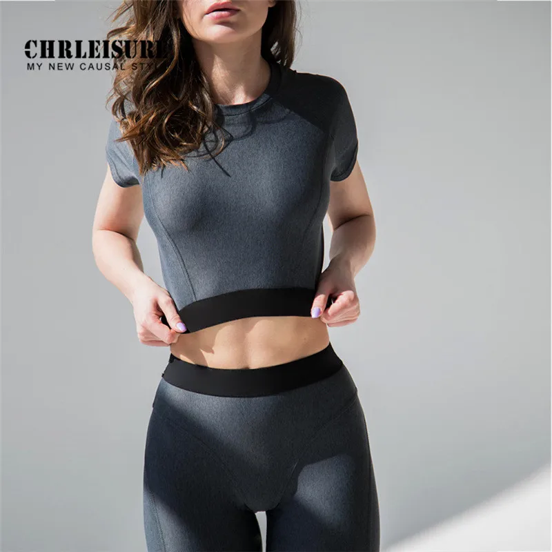 

CHRLEISURE Women Sets 2018 S-L Fashion Causal Summer Solid Pullover O-Neck Short Polyester Black Breathable Workout Sets Women