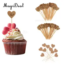 MagiDael delicado 50 unids/pack papel Kraft clásico corazón Cupcake Topper comida recoge manualidades para boda decoración de fiesta de marrón