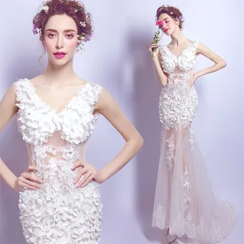 

Summer 2019 Wedding Celebrity Backless V Neck Dress Sexy Women Sleeveless Lace Mermaid Beach Style Bandage Dresses Wholesale