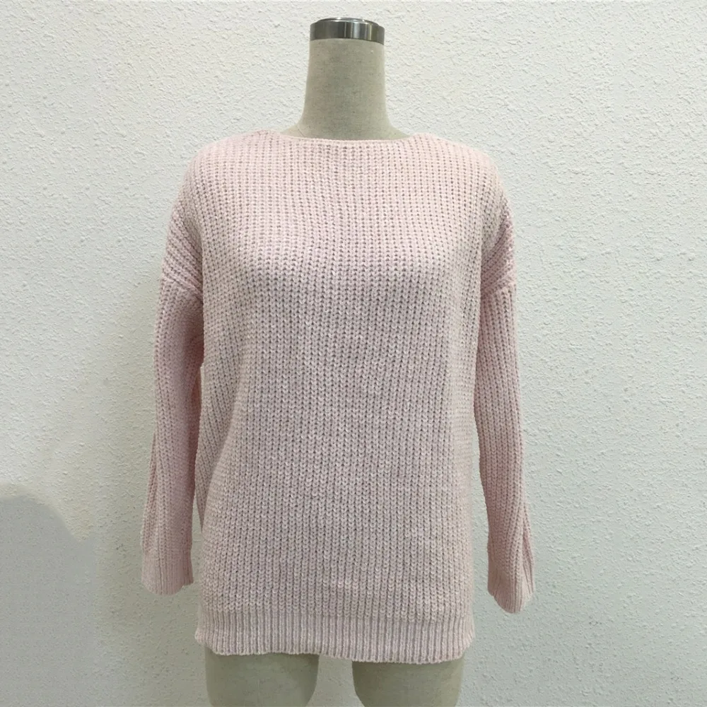 Сексуальный женский свитер с открытой спиной, Осенний пуловер с круглым вырезом и длинным рукавом, розовый цвет, повседневный вязаный свитер, женские топы, джемпер
