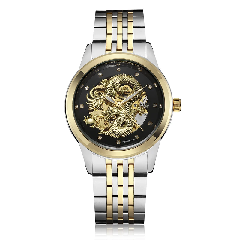 الفاخرة التنين التلقائي الذاتي الرياح الميكانيكية ساعة رجالي مضادة للماء الرجال الهيكل العظمي التناظرية الميكانيكية ساعة معصم بيان كول الس...