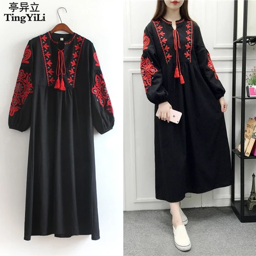 TingYiLi цветочное вышитое этническое Платье хлопковое льняное платье макси с