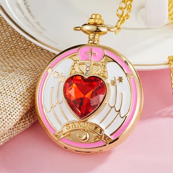 

Pink Gold Lovely SAKURA Magic array Pocket Watch Boy Girl Child Cosplay Rhinestone Scepter Quartz Pocket Watches Necklace Chain