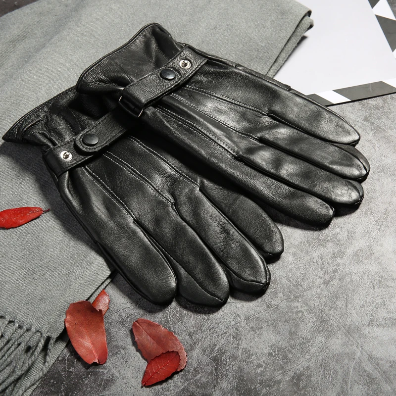 New Winter Men's Real Leather Gloves with Fleece Male Genuine Leather Gloves Men Warm Guantes Outdoor Black 