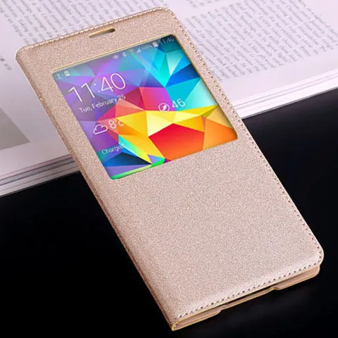 Smart View Auto Sleep Wake Function With Chip Leather Case Flip Cover Holster For Samsung Galaxy S5 I9600 G900 G900F G900H G900M - Цвет: Light golden