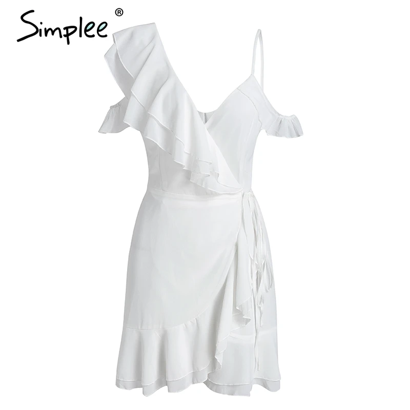 Женское летнее шифоновое платье с запахом Simplee, с оборками, белое повседневное платье с завышенной талией, бретельками и открытым плечом, уличная одежда - Цвет: Белый