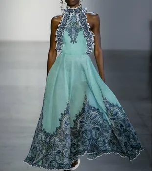 

Runway Women's Luxury Draped Dresses Ruffles Sleeveless 2019 Summer Ladies Bohemian Beach Dress Female Printed Maxi Long Vestido