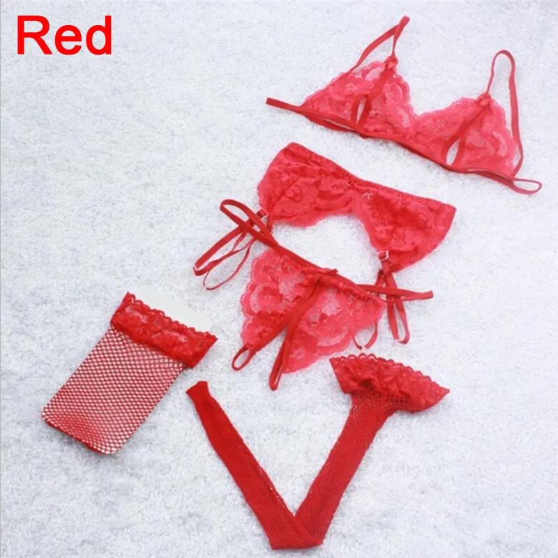 

4PCS/set Underwear Set Sexy Lace Open Crotch G-String + Bra + Net Socks + Sling Lingerie Set Cueca Women Bra Brief Sets