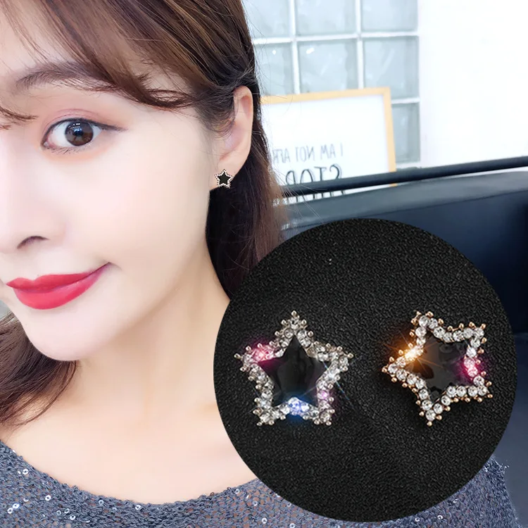 

Korea simple niche personality flash crystal star black drop ear studs