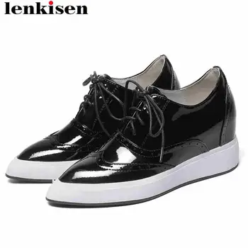 

Large size concise style natural leather high bottom lace up pointed toe sneakers well-ventilated increased vulcanized shoes L21