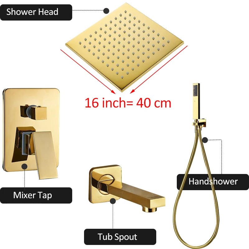 Quyanre золотые светодиодный Concea светодиодный душ смесители набор дождевой светодиодный Насадки для душа 3-х полосная латунь термостатический смеситель ванной носик Ванная комната душевой кран - Цвет: 16 inch full set
