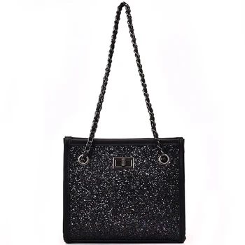 

Elegant Female Sequin Tote bag 2019 Summer New Quality PU Leather Women's Designer Handbag Lock Chain Shoulder Messenger Bag