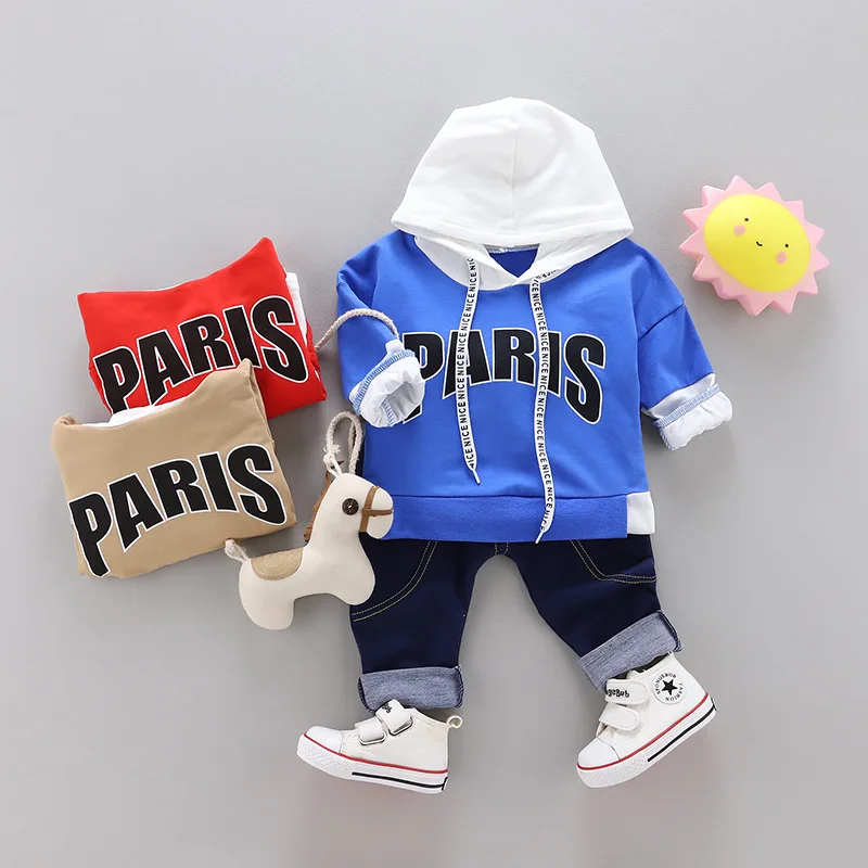 

2019 baby spring and autumn new boy suit letter printing cotton casual sports hooded sweater two-piece