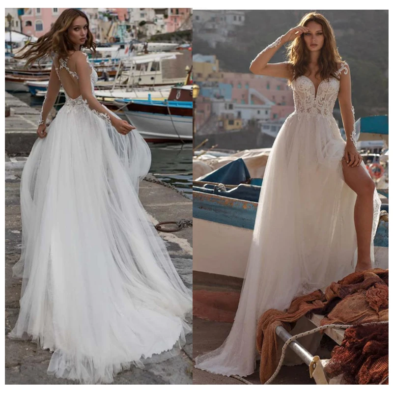 LORIE Strand Trouwjurk Kant Applicaties Vestidos de novia Vintage White Side Split Bridal Dress floor Lengte Bruidsjurken LORIE Strand Trouwjurk Kant Applicaties Vestidos de novia Vintage White Side Split Bridal Dress floor Lengte Bruidsjurken