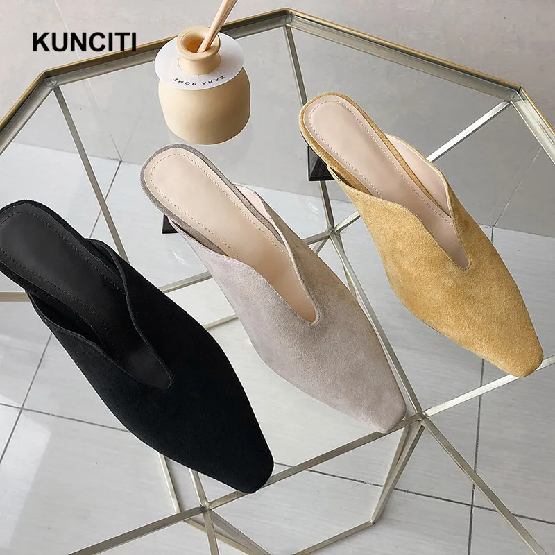 

2019 Suede Leather Summer Slippers Med Heel V Neck Fashion Mule Shoes Square Toe Women Shoes Lady Trendy Comfort Footwears T927