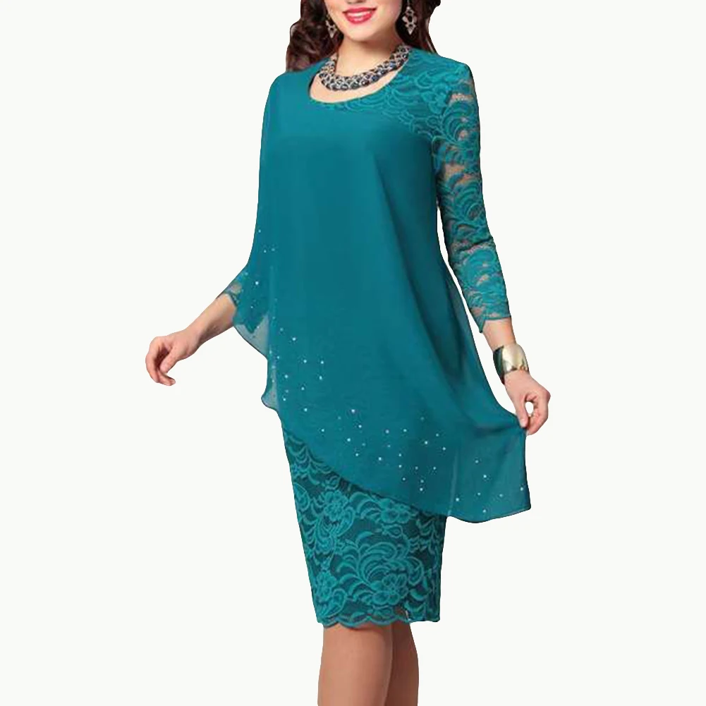Модные одноцветные женские платья размера плюс, двухслойные 3/4 рукава, круглый вырез, облегающие повседневные свободные офисные Вечерние Платья Миди - Цвет: Зеленый