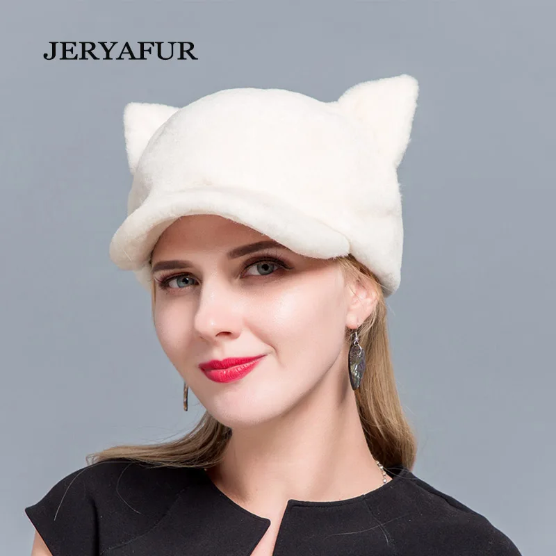 JERYAFUR/ горячая Распродажа, Новая меховая бейсболка с кошачьими ушками, Овечья меховая шапка, шерстяная женская шапка, милая Лыжная шапка из натурального меха, зимняя женская шапка - Цвет: COLOR4