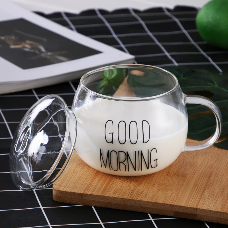 

300ml simple good morning glass with lid with handle breakfast milk cup single layer couple cup creative coffee glass juice cup