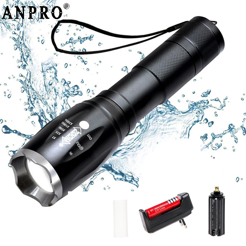 

Anpro T6 L2 Led Flashlight Ultra Bright torch Lanterna Waterproof Portable Tactical Flash Light Rechargeable For Outdoor Camping