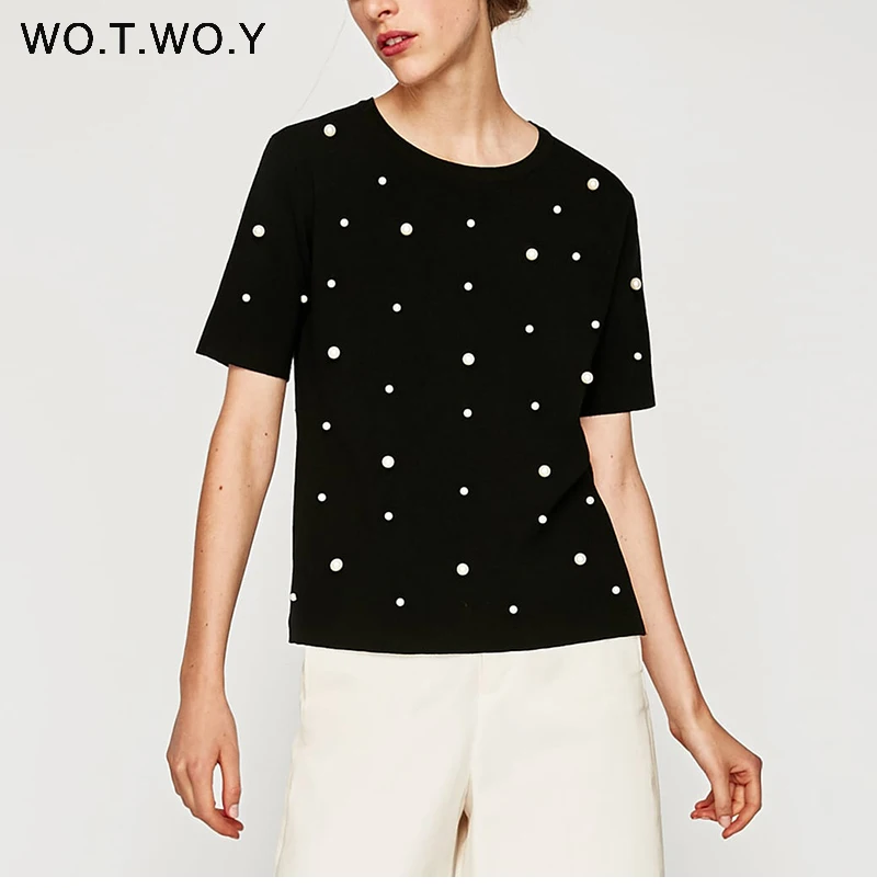 Summer Pearls Beaded Women T-Shirt Cotton Loose Casual Women Tops Black Short Sleeve Ladies O-Neck Tee Shirt High Quality