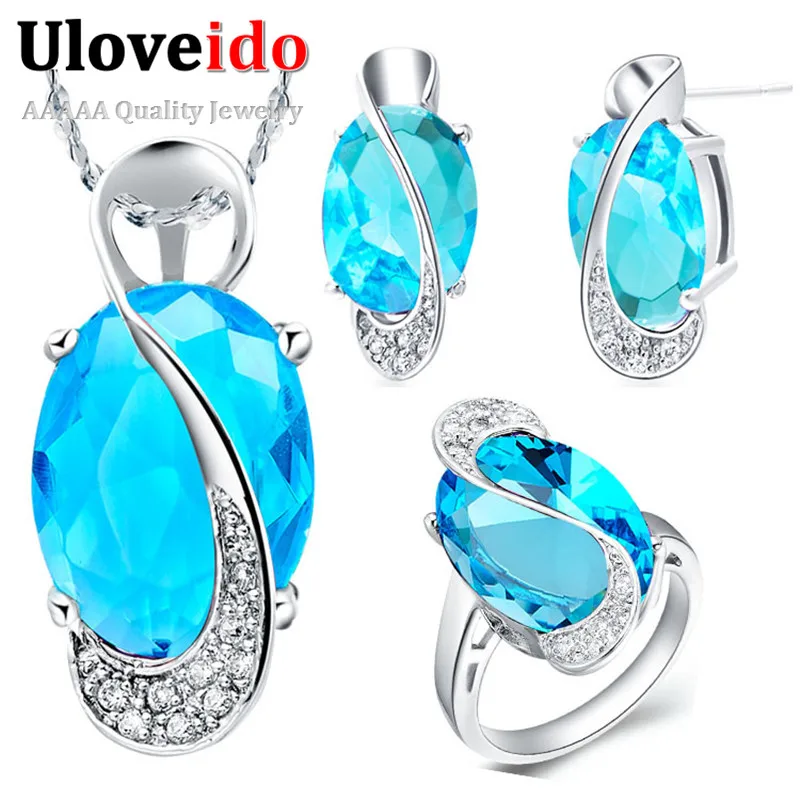 

Uloveido Silver Plated Jewelry Sets with Stones Wedding Blue Red Purple Ring Necklace Earrings Jewelry Set Jewelery Costume T464