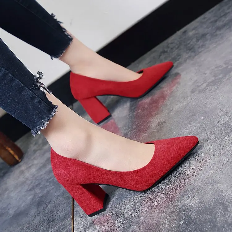 

EOEODOIT 8 CM Pumps High Square Heel Pointy Toe Casual Flock Shoes Spring Summer Autumn Women Office Lady Slip On Work Heels