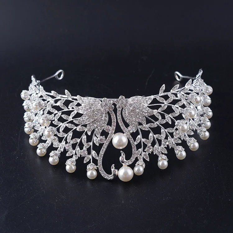 Moda pérola Tiaras Crown para a Noiva de cristal folhas ramos estilo festa de Casamento mulheres jóias cabelo acessórios para o Cabelo (3)