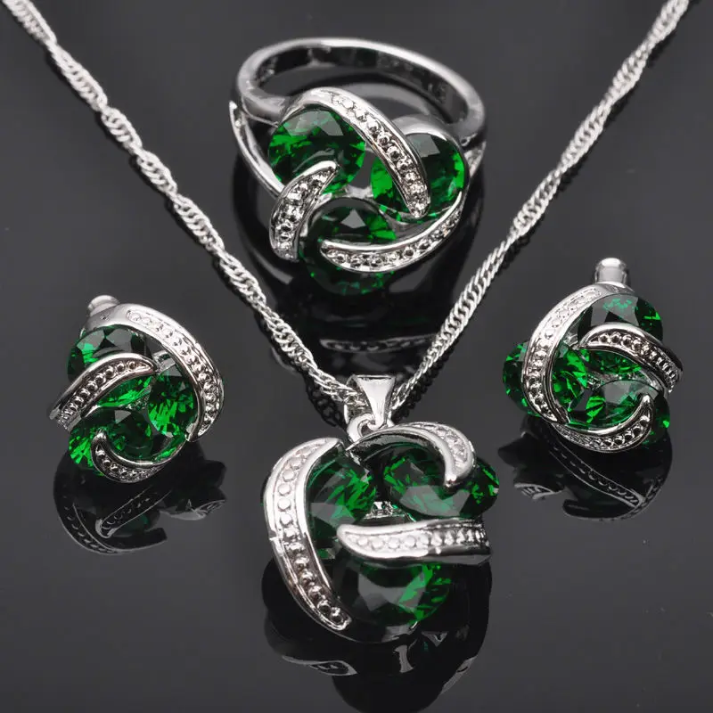 Классический зеленый кубический цирконий для женщин, штампованный 925 Серебряный ювелирный набор, ожерелье, серьги, кольца QZ0173
