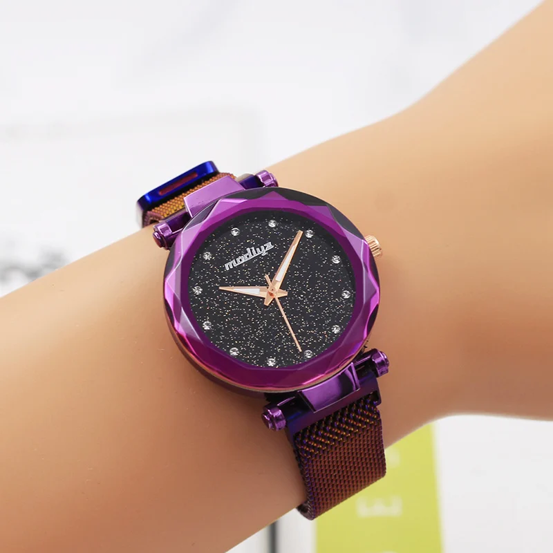 

Newly 1 Pcs Women Lady Wrist Quartz Watch Round Dial Magnet Buckle Starry Sky for Business FDM