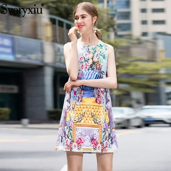 

Svoryxiu summer Runway Designer Mini Tank Dresses Women's Vase Printing Refinement Emboss Leisure Holiday Dress Vestido