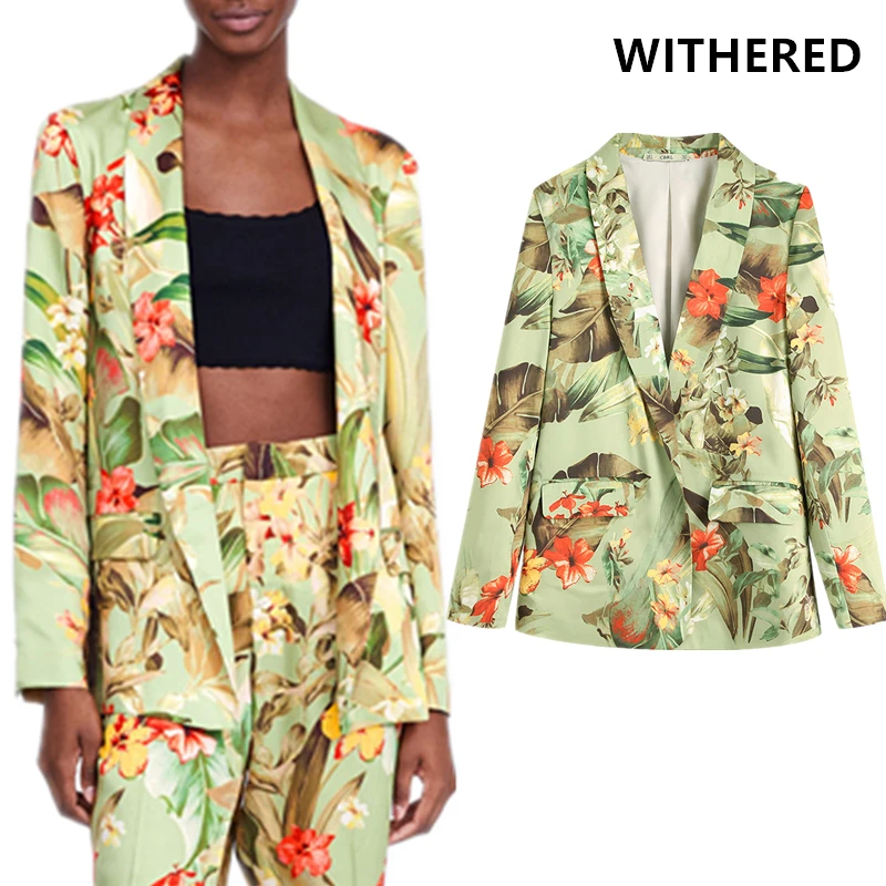 

Withered england vintage Tropical rain forest printing blazer feminino blazer women blazer mujer 2019 women blazers and jackets