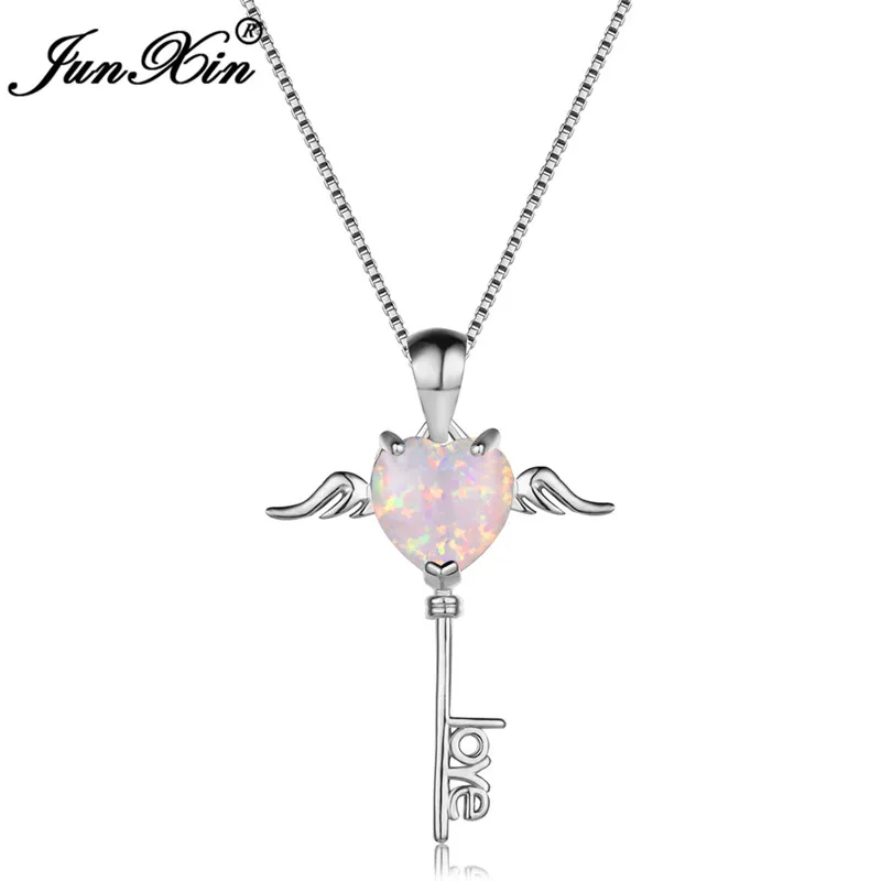 Бохо женский Ангел сердце Подвески ожерелье s 925 серебряное крыло ключ ожерелье белый синий огонь опаловые ожерелья для женщин - Окраска металла: White
