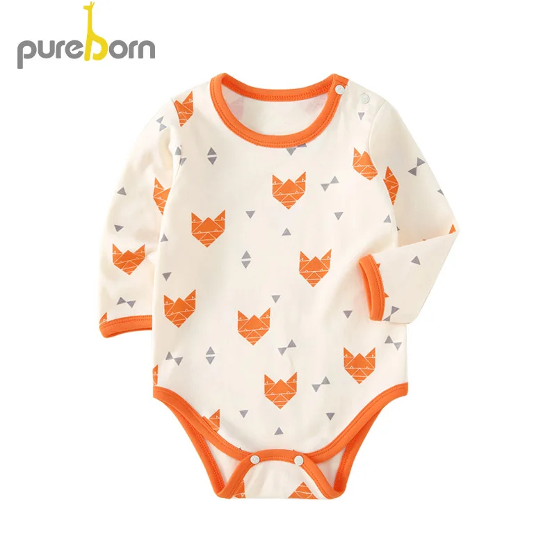 Pureborn/боди для новорожденных мальчиков и девочек; хлопковая одежда с длинными рукавами и рисунком лисы; сезон весна-лето; цельнокроеная одежда для малышей - Цвет: Orange fox