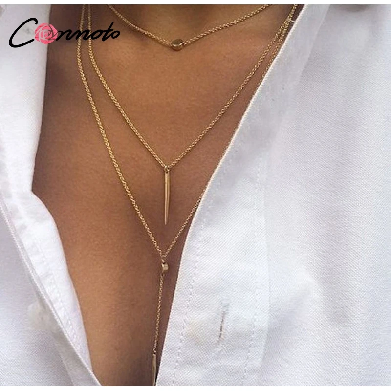 Conmoto Двухслойная круглая цепочка, эффектное ожерелье, длинное ожерелье золотистого цвета, серебристый чокер в стиле бохо, подвесной кулон