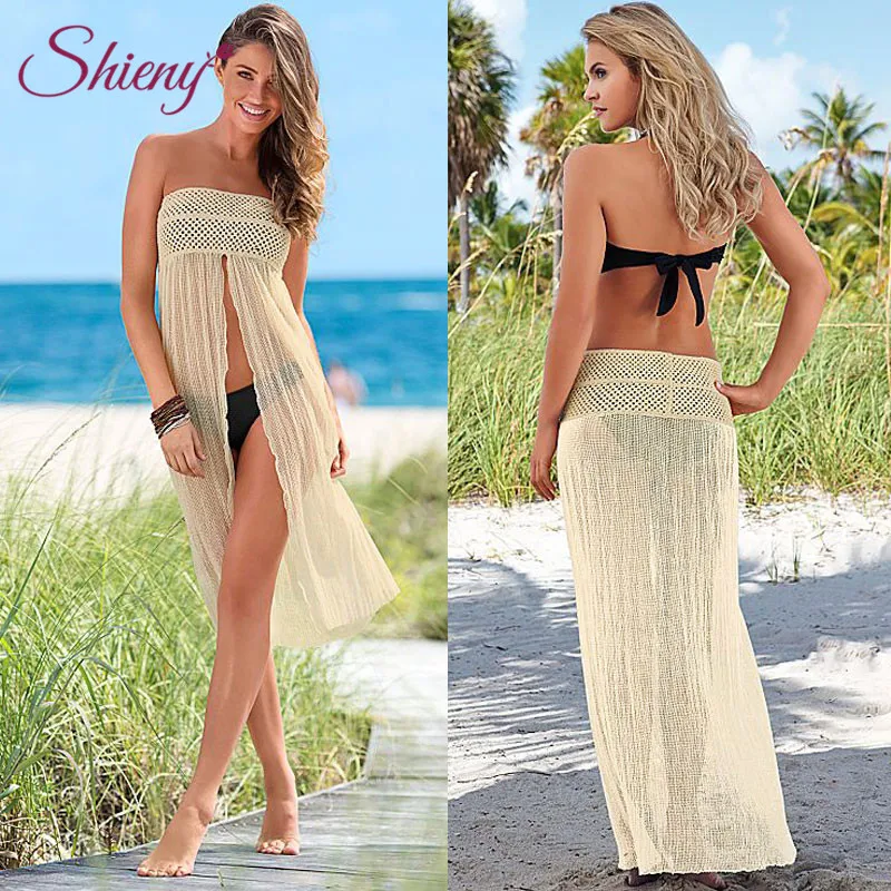 Shieny Women Off Shoulder Beach Dress Mesh Hollow Crochet Lace Summer Dress Female Vocation Women Tunic Dress Beach wear