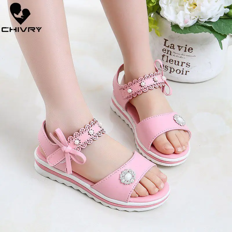 

Chivry New 2019 Summer Girls Sandals Fashion Bowknot Rhinestone Princess Girls Shoes Children Kids Baby Beach Flat Sandals Shoes