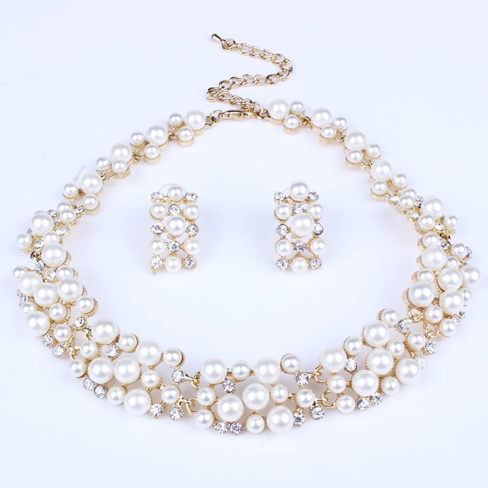 

Fashion Pearl Jewelry Sets For Women African Beads Jewelry Set Gold Wedding Crystal Bridal Dubai Necklace Jewelery Costume