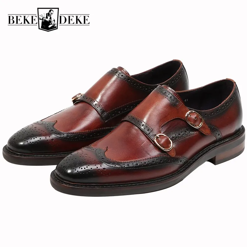 Mens Leather Brogue Shoes New Smart Office Wedding Work Formal Monk Strap Shoes