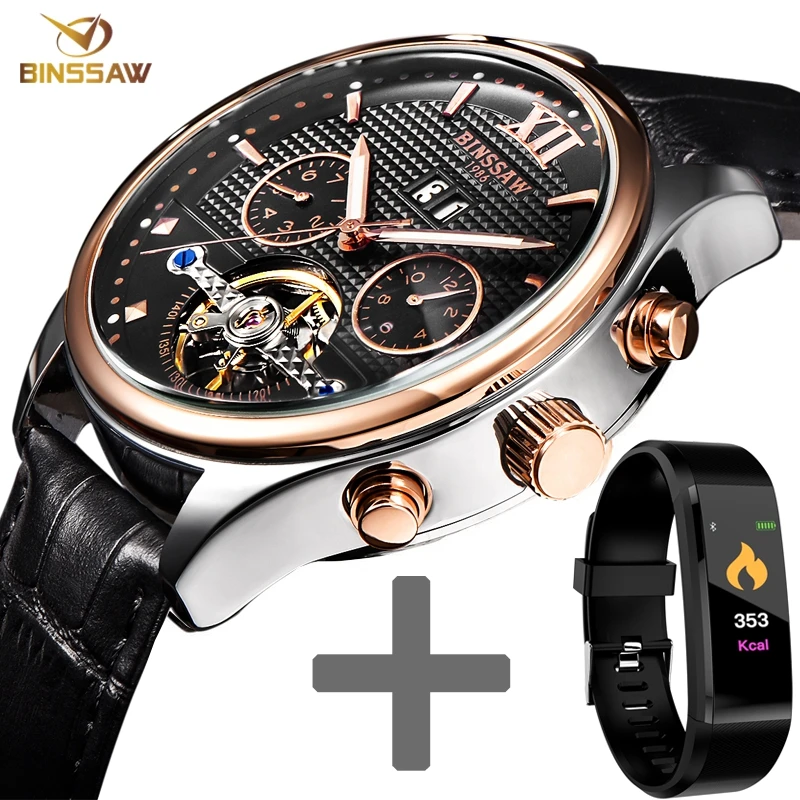 BINSSAW Модные Военные автоматические механические мужские часы Tourbillon Кожа Дата люксовый бренд для женщин детский умный спортивный комплект часы - Цвет: Белый
