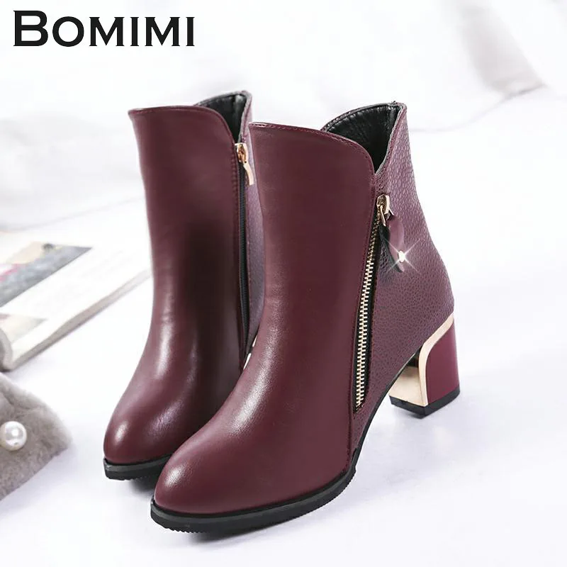 

BOMIMI Super Quality Women Boots Winter Women Boots Thick Heel Square Zipper Boots Black Red Ankle Boots Women Autumn Shoes