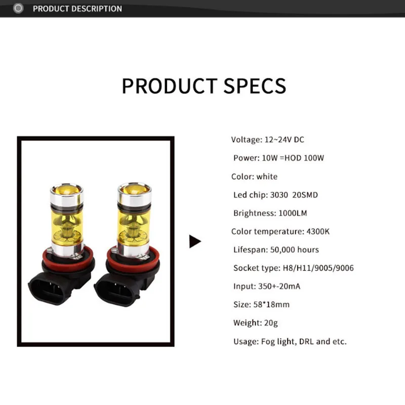 2 шт. 100 Вт 9005 9006 H8 H11 3030 20 SMD светодиодный высокой мощности передние