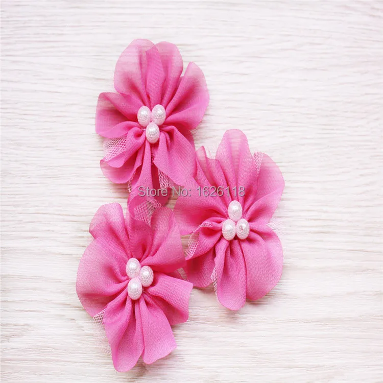 Шифон Тюль цветок с жемчужной серединкой бусины пышный цветок-бантик 40 шт./лот для головная повязка, аксессуары для волос