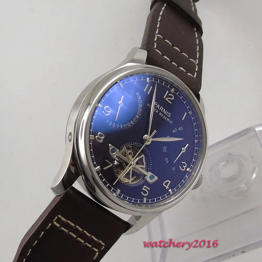 

New 43mm parnis Black Dial Stainless Steel Case Complete Calendar Power reserve Indicator Automatic Mechanical men's Wristwatch