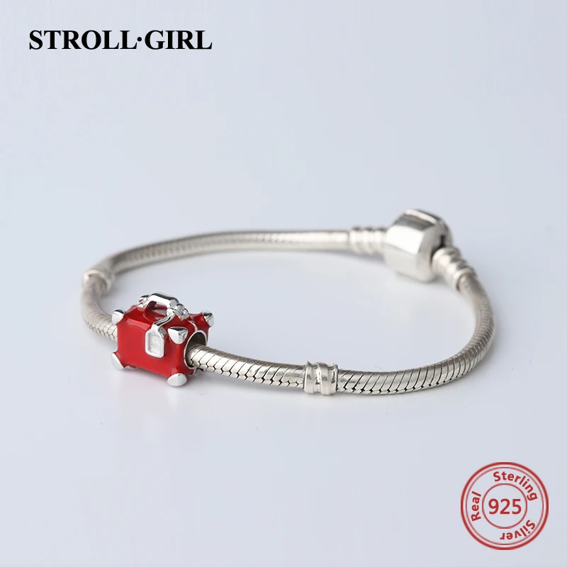 StrollGirl luxury suitcase charms with red enamel 925 silver trunk beads fit original pandora bracelet jewelry making women gift