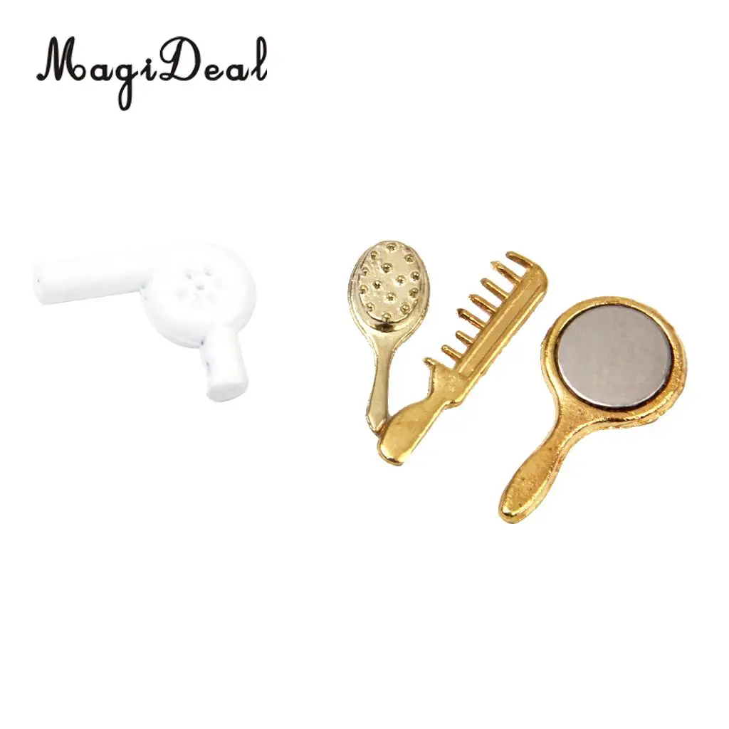 MagiDeal 4Pcs/Set 1/12 Dollhouse Miniature Comb Hair Dryer Mirror for Dolls Bathroom Accessories Children Toys