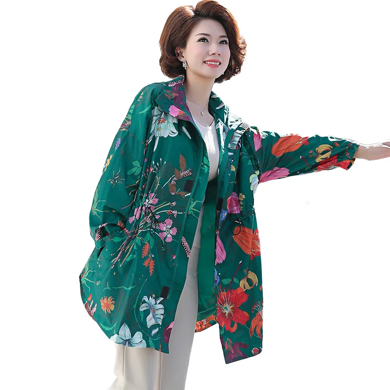 

Spring Autumn Women Jacket Plus Size L-4XL Hooded Long Sleeve Lightweight Waterproof Long Print Overcoat Big Size NW1219
