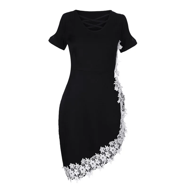 XL-5L Fashion Women Plus Size Off Shoulder Lace Cross Asymmetrical Appliques Dress Solid Party Dress Soft Summer Clothes 40MA21 (5)