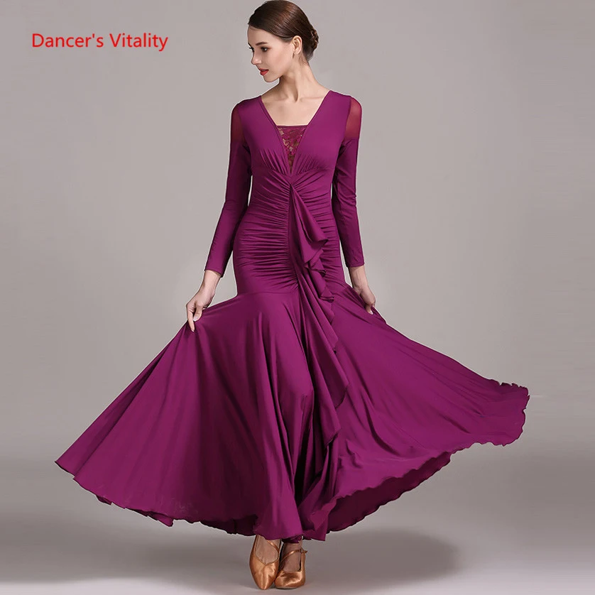 Buy Ballroom Dance Dress Solid Long Sleeves Big Swing
