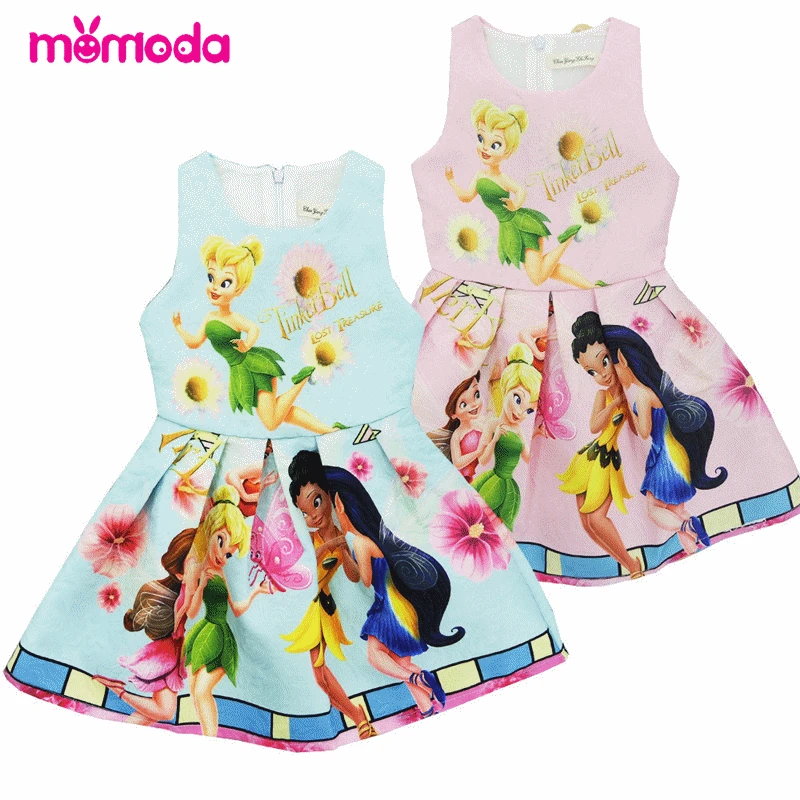 Платье для маленьких девочек нового бренда 2017 Мультфильм Тинкер Белл принт