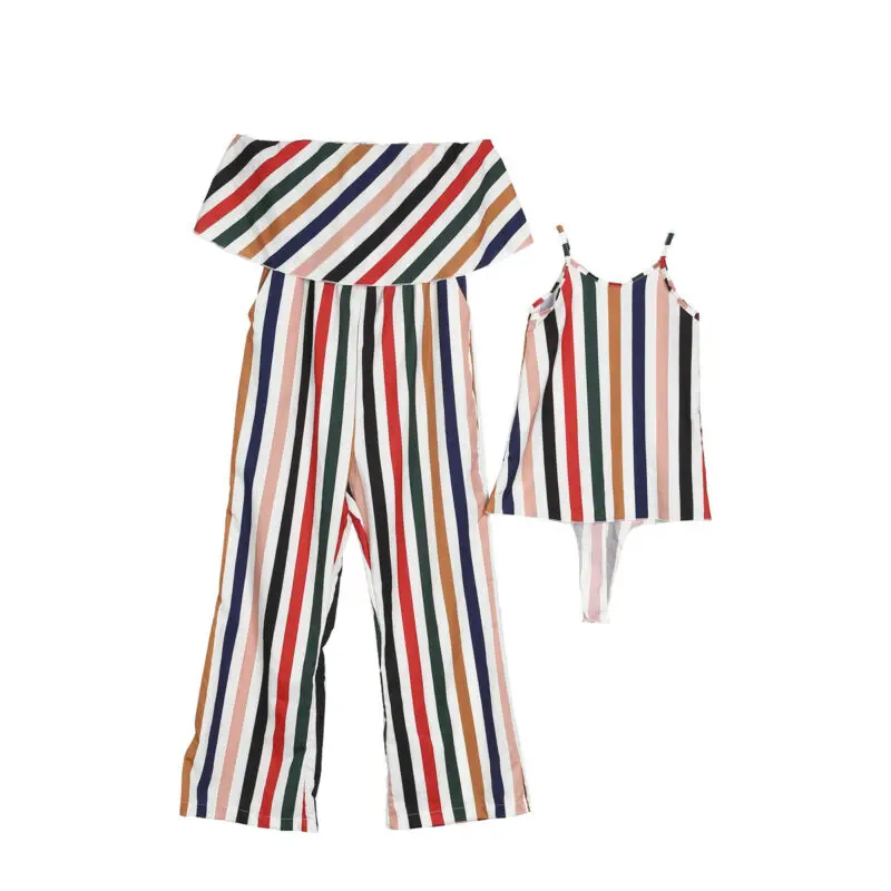 

Fashion Family Dress Mother and Daughter Matching Stripe Outfits Clothes Mom Off-shoulder Ruffle Long Jumpsuit Kids Girls Dress